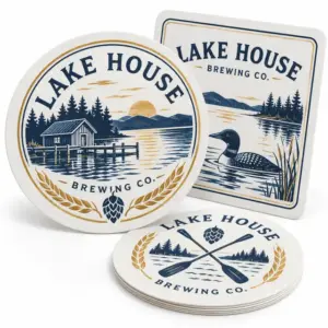Thin paper coasters with Lake House brewery print