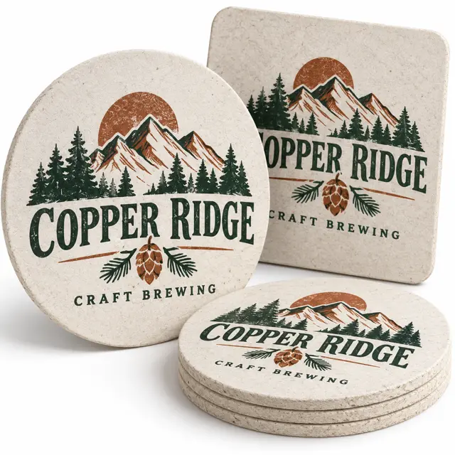 Thick fibrous pulpboard coasters with Copper Ridge brewery print