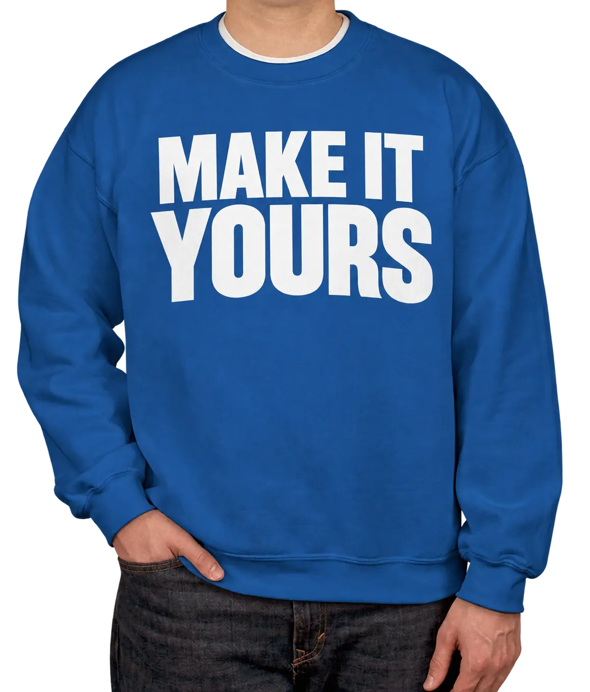 Custom Gildan Midweight 50/50 Crewneck Sweatshirt - Royal custom print example; your uploaded design replaces the example artwork