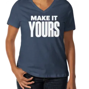 Custom Bella + Canvas Women’s Jersey V-Neck T-shirt - Navy custom print example; your uploaded design replaces the example artwork