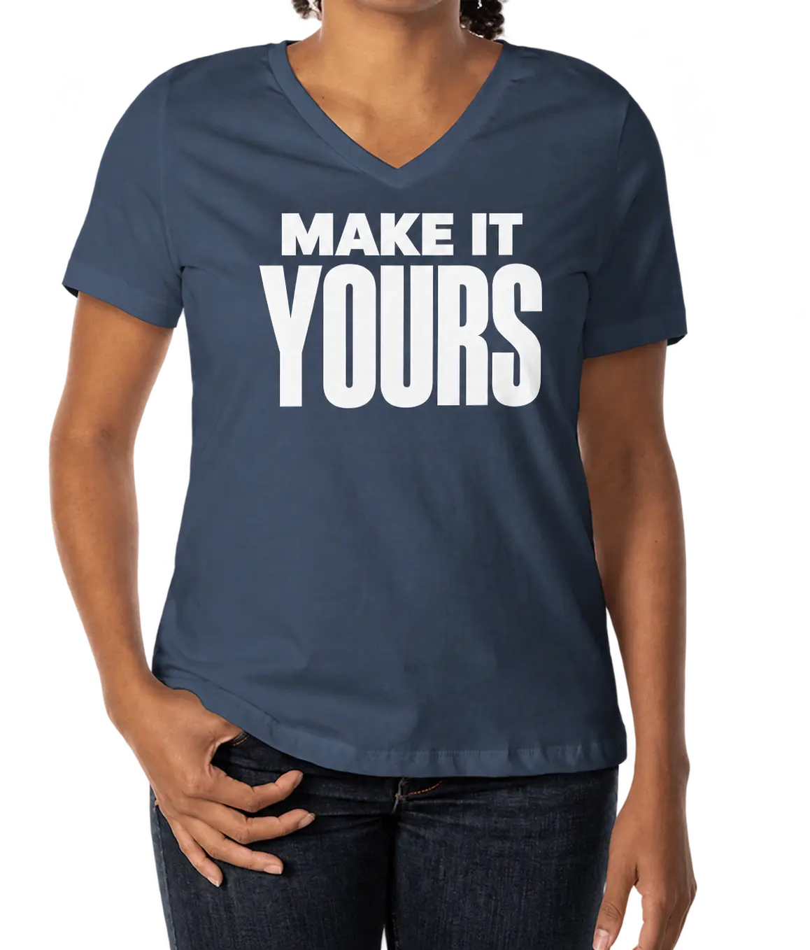 Custom Bella + Canvas Women’s Jersey V-Neck T-shirt - Navy custom print example; your uploaded design replaces the example artwork