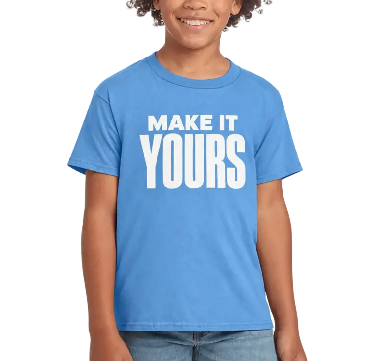 Custom Gildan Youth Softstyle Jersey T-shirt - Carolina Blue custom print example; your uploaded design replaces the example artwork