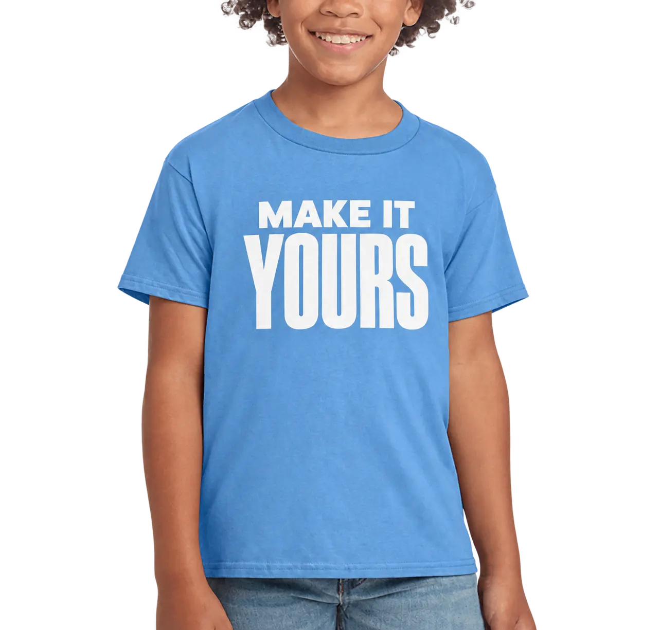 Custom Gildan Youth Softstyle Jersey T-shirt - Carolina Blue custom print example; your uploaded design replaces the example artwork