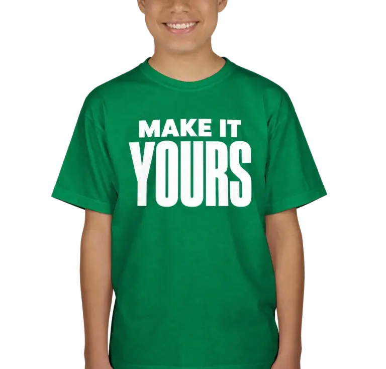 Custom Gildan Youth Ultra Cotton T-shirt - Irish Green custom print example; your uploaded design replaces the example artwork