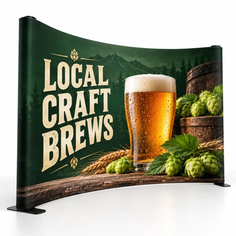 Illustrative custom brewery branding on Curvedbackdrop