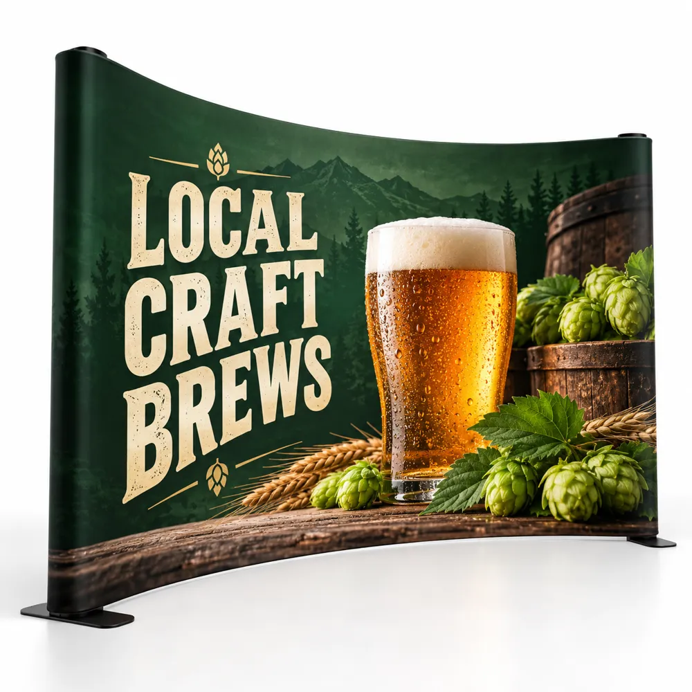 Illustrative custom brewery branding on Curvedbackdrop