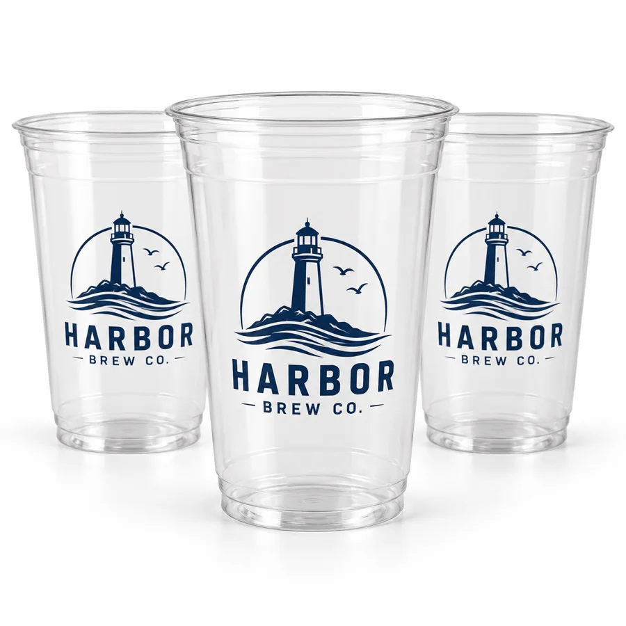 Custom Brewery Clear Plastic Cups 16oz – 1-Color Printing with printed brewery logo sample
