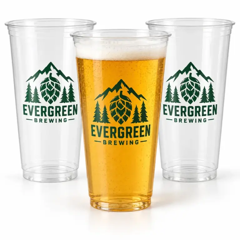 Custom Brewery Clear Plastic Cups 22oz – 1-Color Printing with printed brewery logo sample