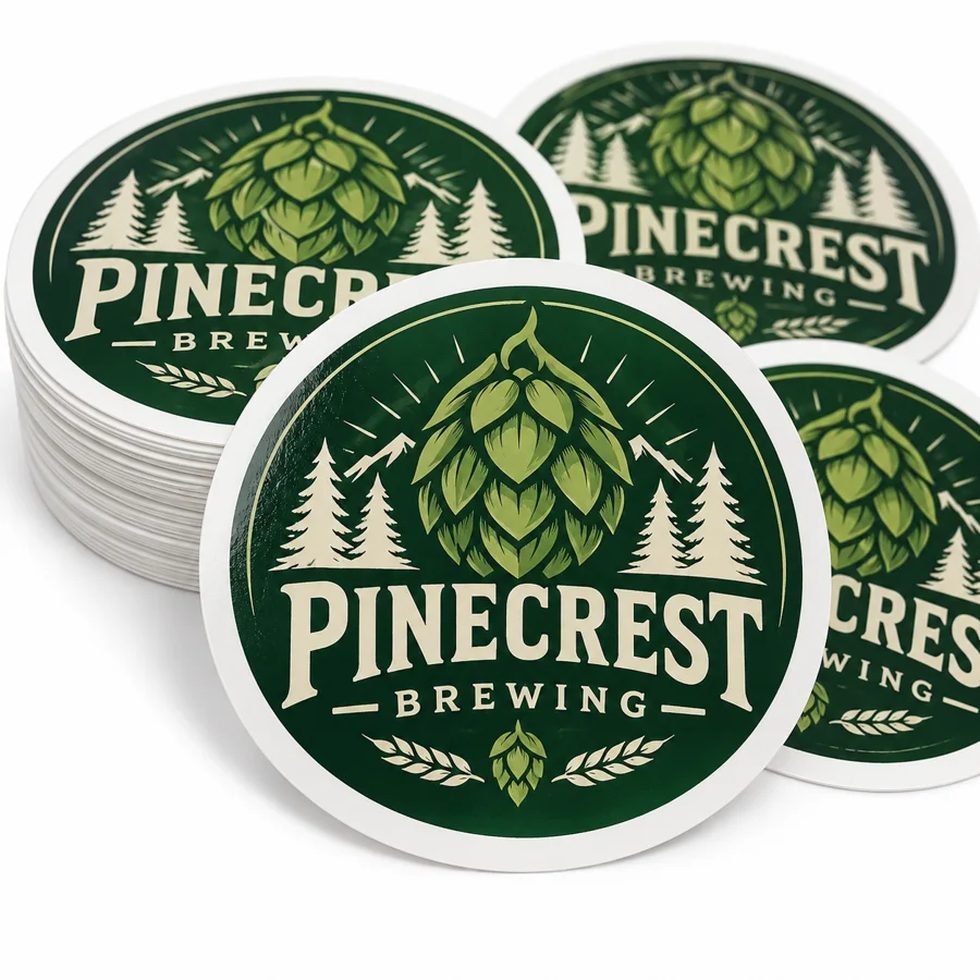 Custom Brewery Circle Stickers with illustrative custom brewery artwork
