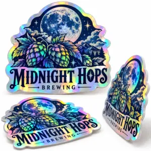 Custom Brewery Holographic Stickers with illustrative custom brewery artwork