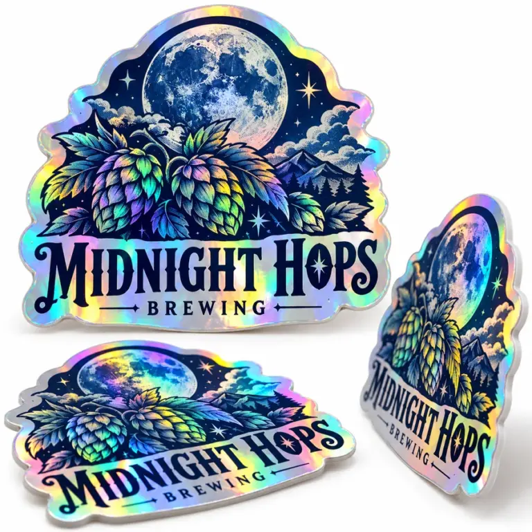 Custom Brewery Holographic Stickers with illustrative custom brewery artwork