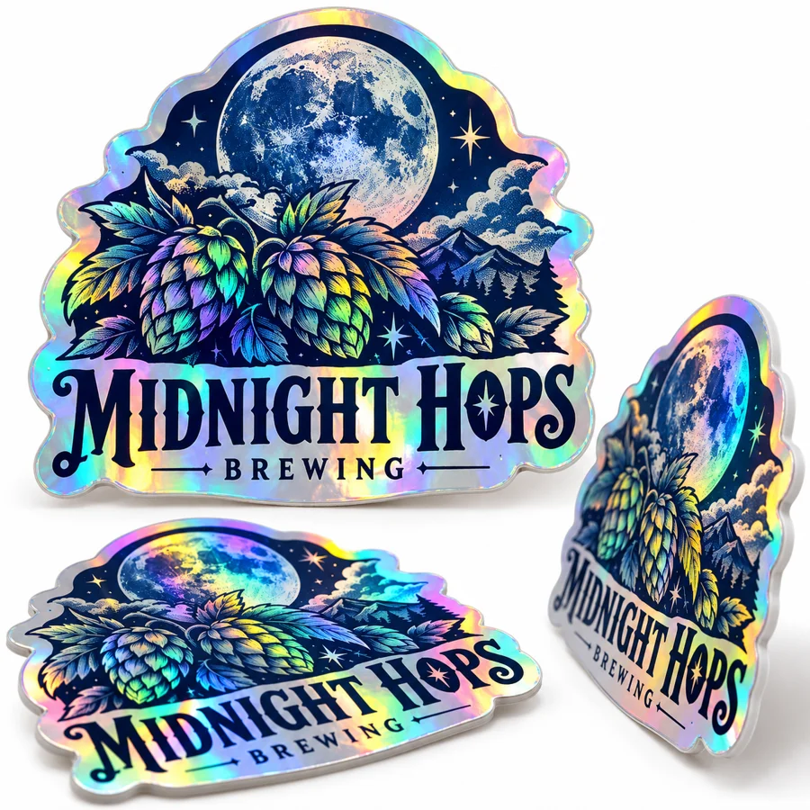 Custom Brewery Holographic Stickers with illustrative custom brewery artwork