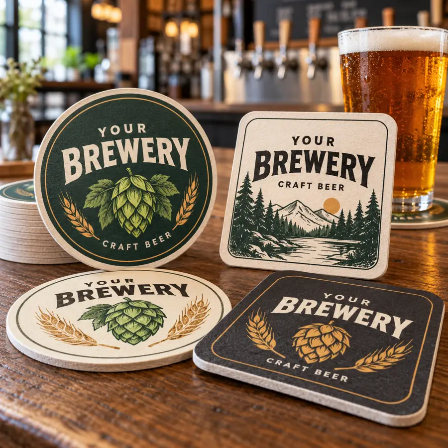 Illustrative brewery logo printing on round and square absorbent pulpboard beer coasters in a taproom