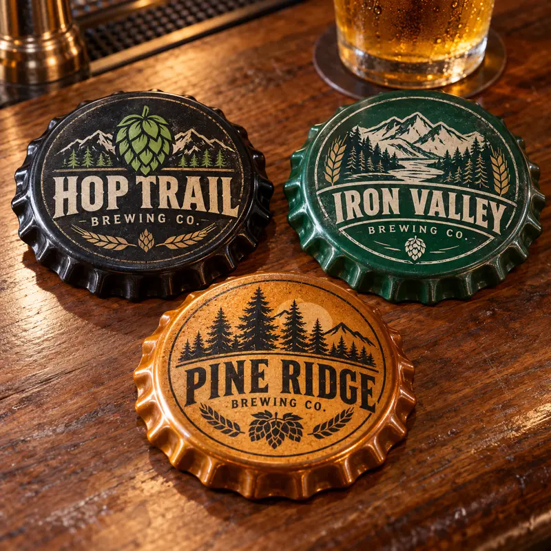 Illustrative cap brewery coasters with different brewery logo samples