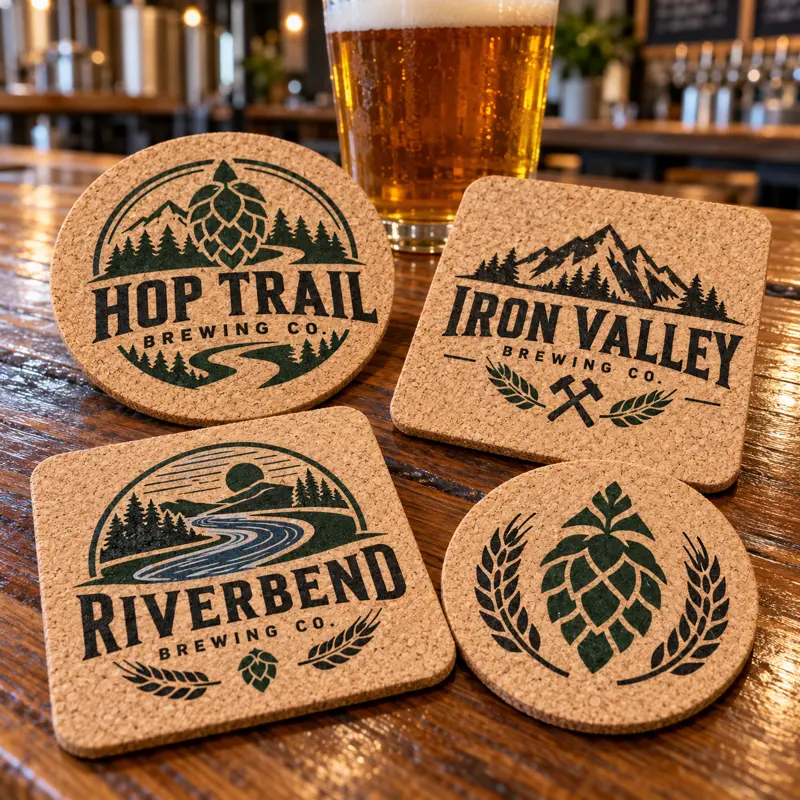 Illustrative cork brewery coasters with different brewery logo samples