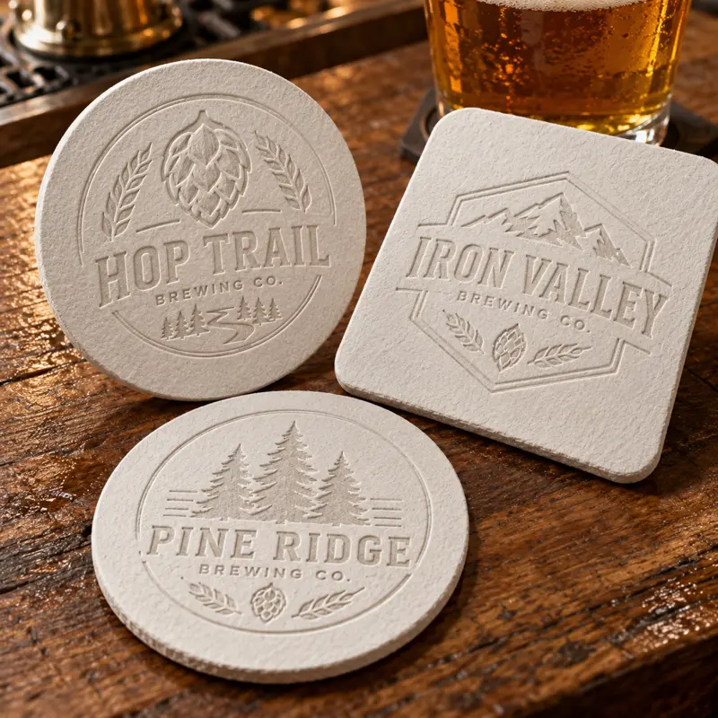 Illustrative debossed brewery coasters with different brewery logo samples