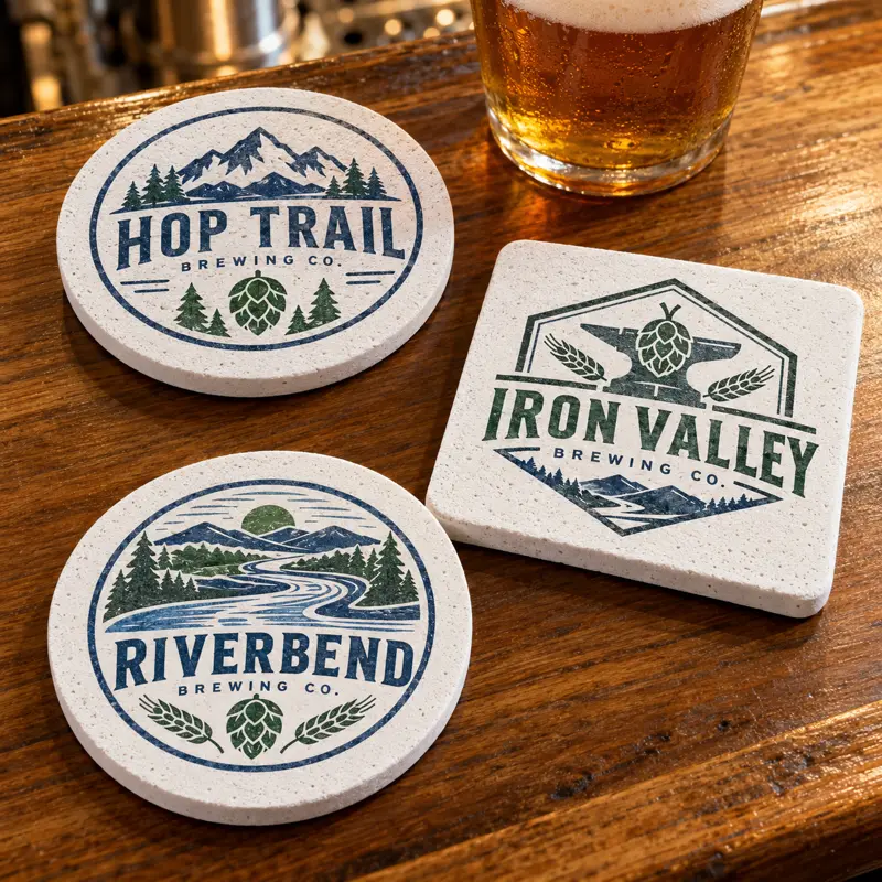 Illustrative diatom brewery coasters with different brewery logo samples