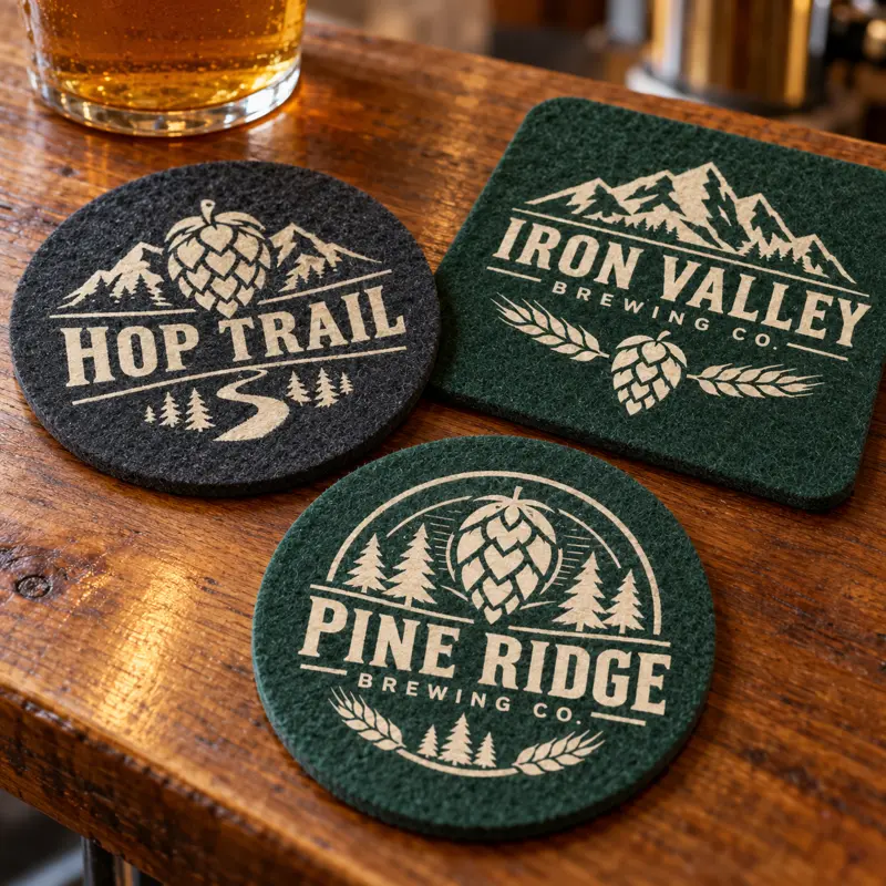 Illustrative felt brewery coasters with different brewery logo samples