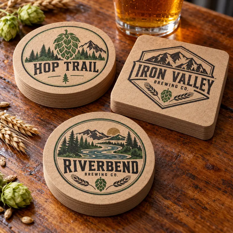 Illustrative kraft brewery coasters with different brewery logo samples
