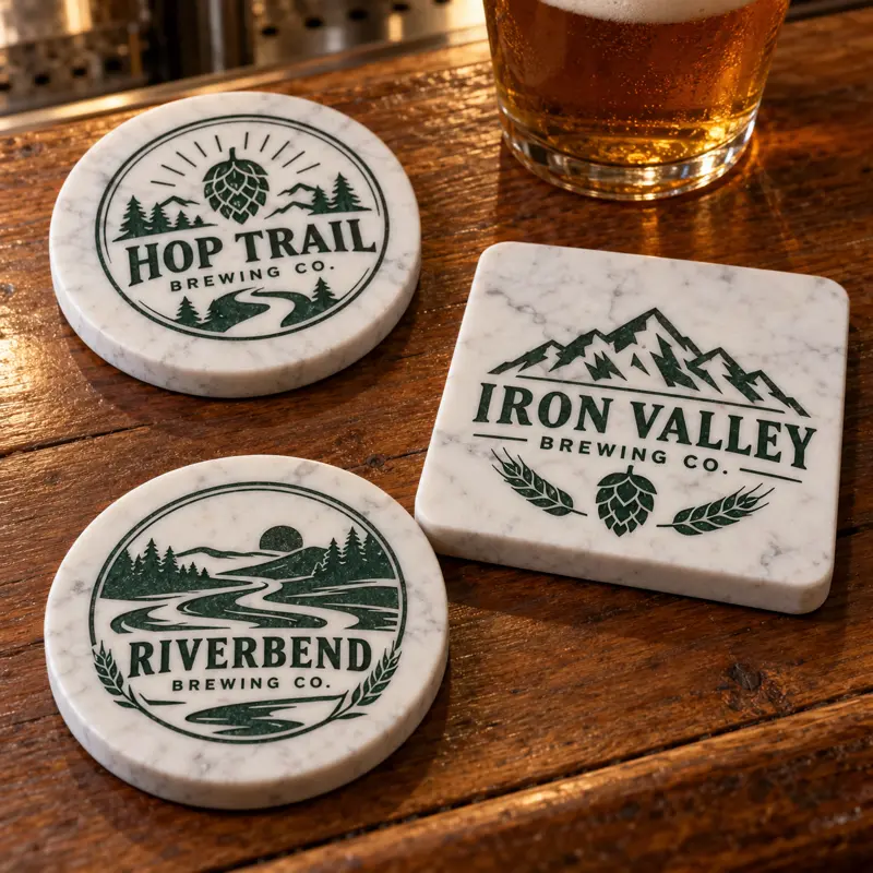 Illustrative marble brewery coasters with different brewery logo samples