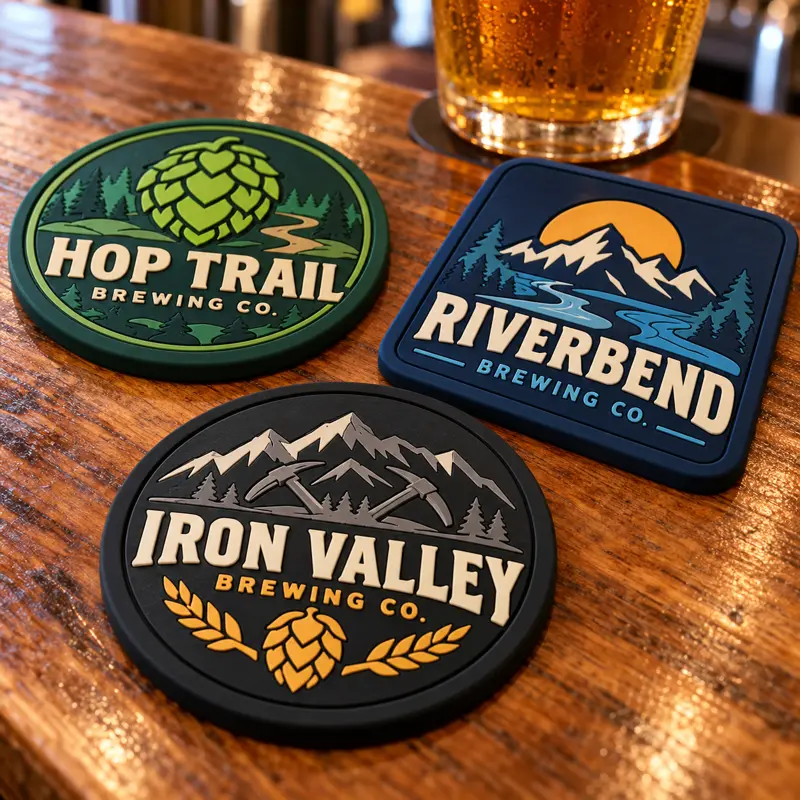 Illustrative pvc brewery coasters with different brewery logo samples