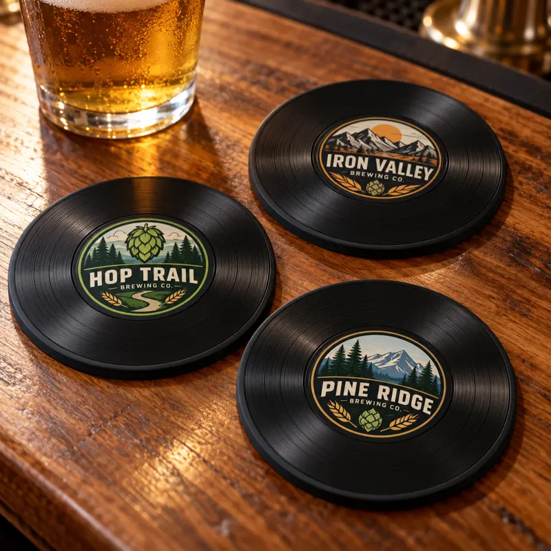 Illustrative record brewery coasters with different brewery logo samples