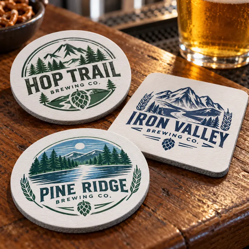 Illustrative soft diatom brewery coasters with different brewery logo samples