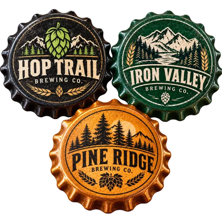Brewery cap coasters with custom brewery logo samples on a transparent background
