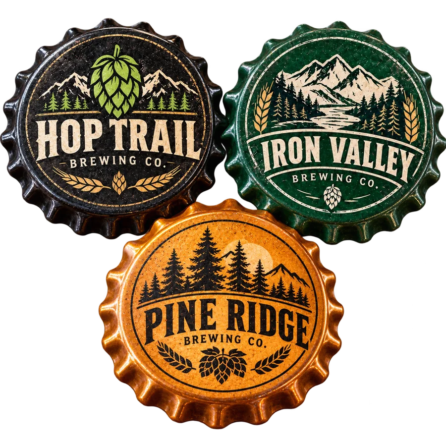 Brewery cap coasters with custom brewery logo samples on a transparent background