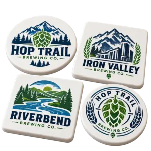 Brewery ceramic coasters with custom brewery logo samples on a transparent background