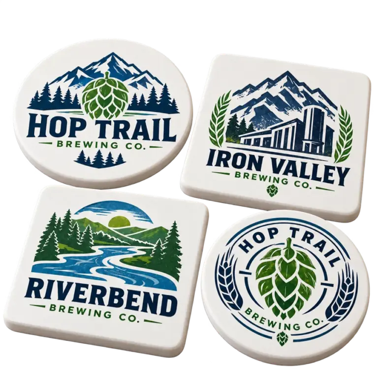 Brewery ceramic coasters with custom brewery logo samples on a transparent background