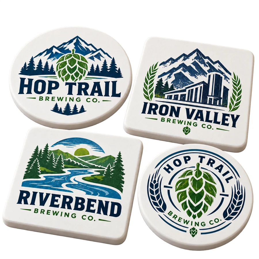 Brewery ceramic coasters with custom brewery logo samples on a transparent background