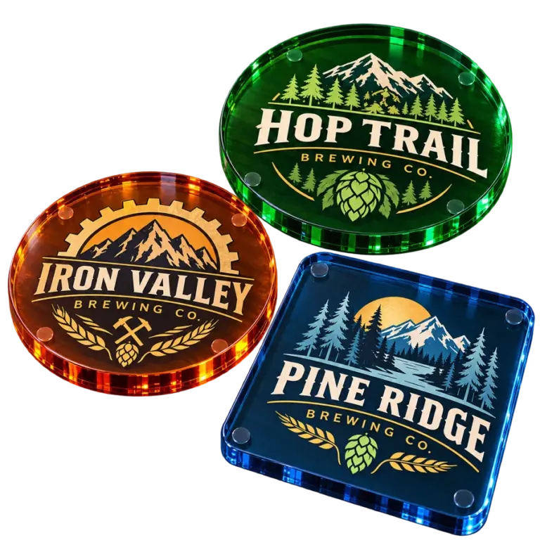 Brewery colored acrylic coasters with custom brewery logo samples on a transparent background