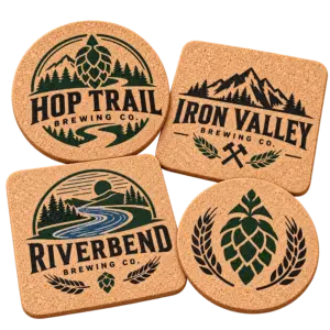 Brewery cork coasters with custom brewery logo samples on a transparent background