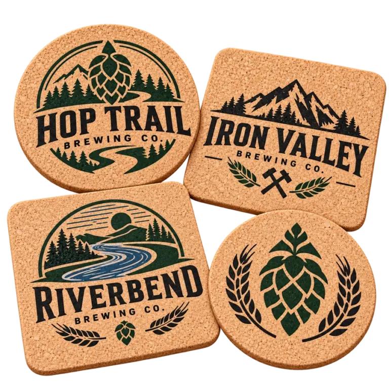 Brewery cork coasters with custom brewery logo samples on a transparent background