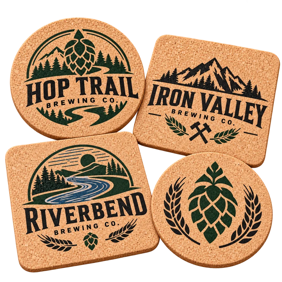 Brewery cork coasters with custom brewery logo samples on a transparent background