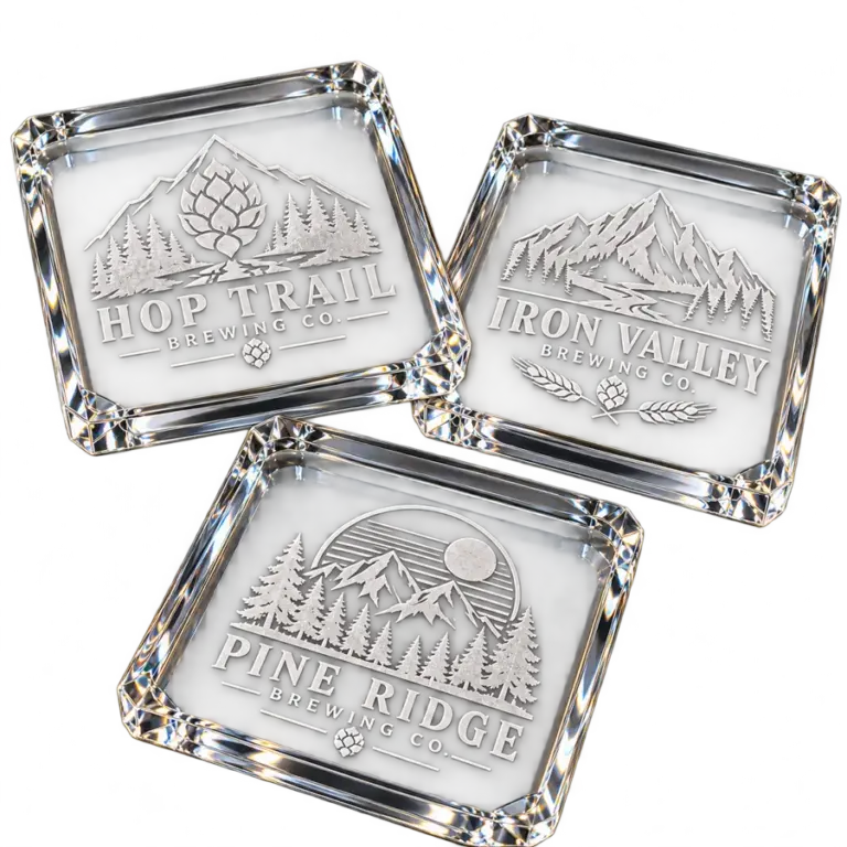 Brewery crystal coasters with custom brewery logo samples on a transparent background
