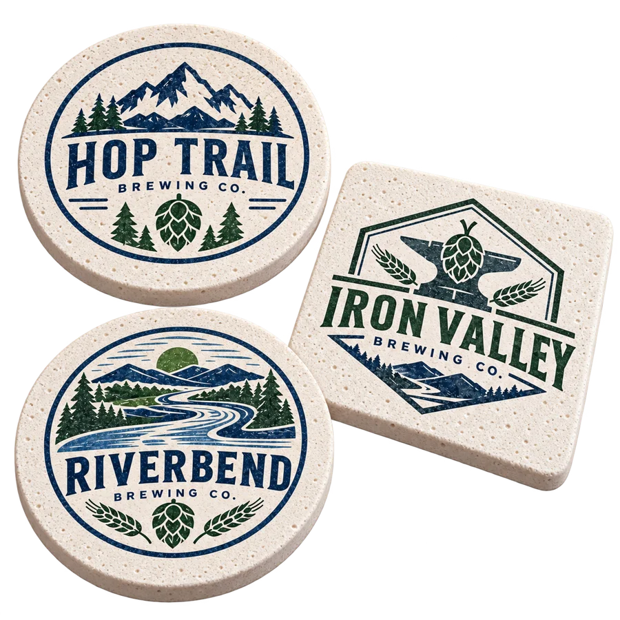 Brewery diatom coasters with custom brewery logo samples on a transparent background