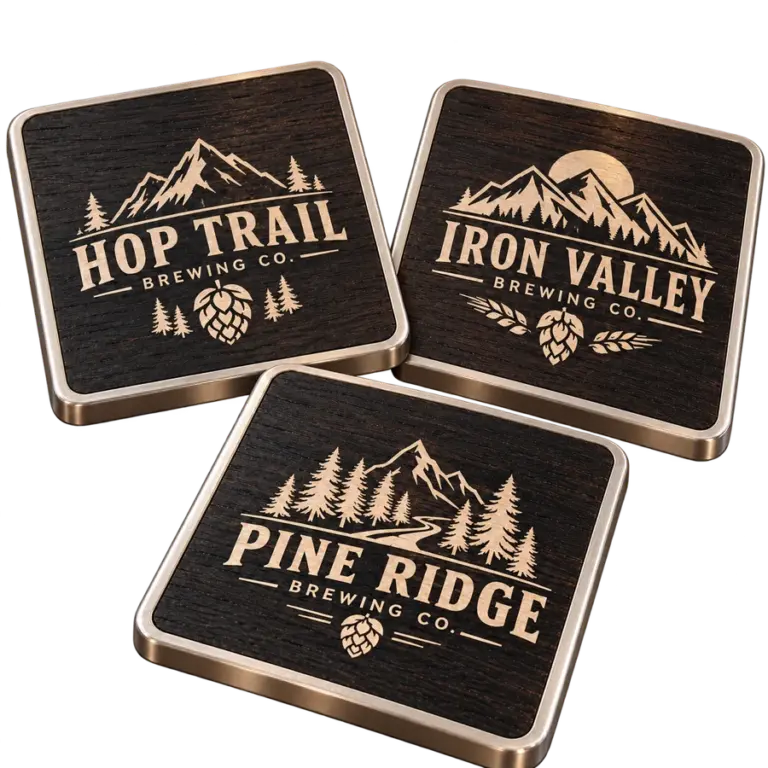 Brewery ebony coasters with custom brewery logo samples on a transparent background