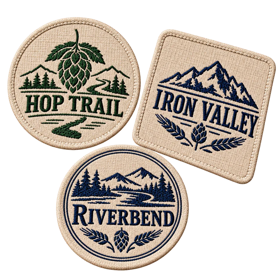 Brewery fabric coasters with custom brewery logo samples on a transparent background