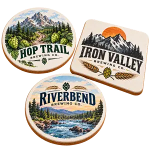 Brewery fiberboard coasters with custom brewery logo samples on a transparent background