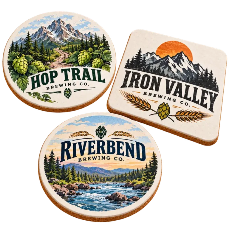 Brewery fiberboard coasters with custom brewery logo samples on a transparent background
