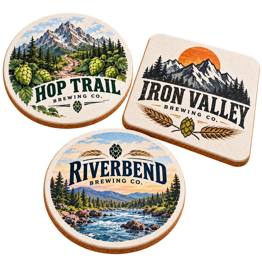 Brewery fiberboard coasters with custom brewery logo samples on a transparent background