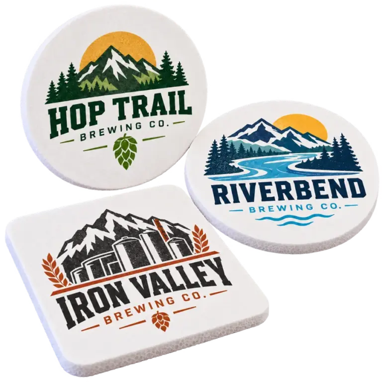 Brewery foam coasters with custom brewery logo samples on a transparent background