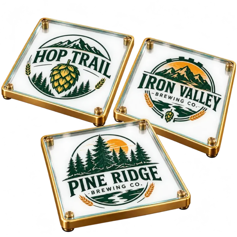 Brewery glass coasters with custom brewery logo samples on a transparent background