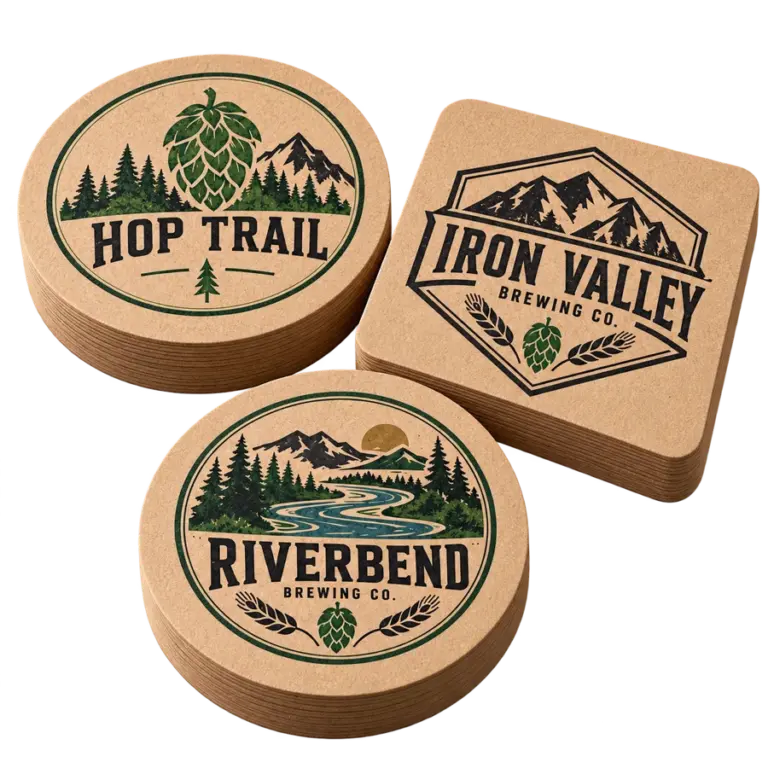Brewery kraft coasters with custom brewery logo samples on a transparent background