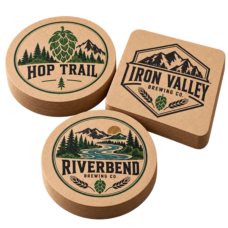Brewery kraft coasters with custom brewery logo samples on a transparent background