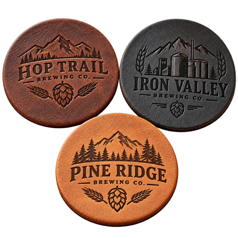 Brewery leather coasters with custom brewery logo samples on a transparent background