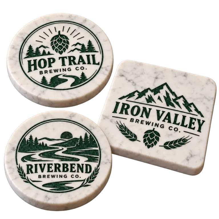 Brewery marble coasters with custom brewery logo samples on a transparent background