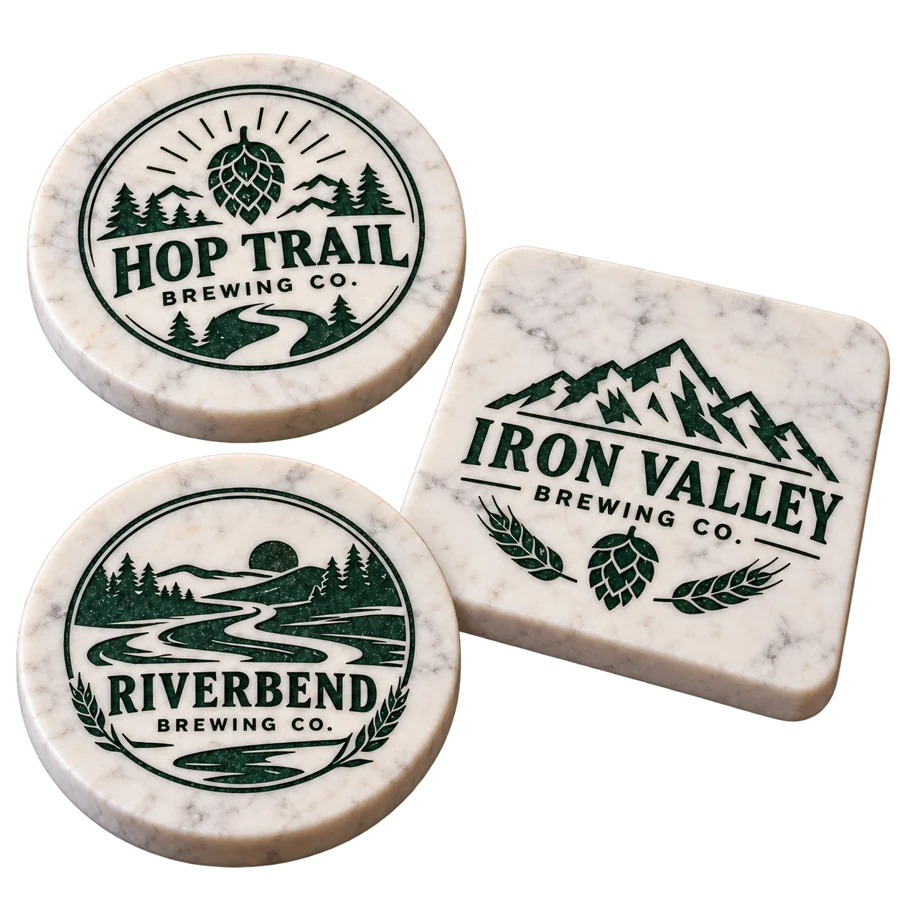 Brewery marble coasters with custom brewery logo samples on a transparent background